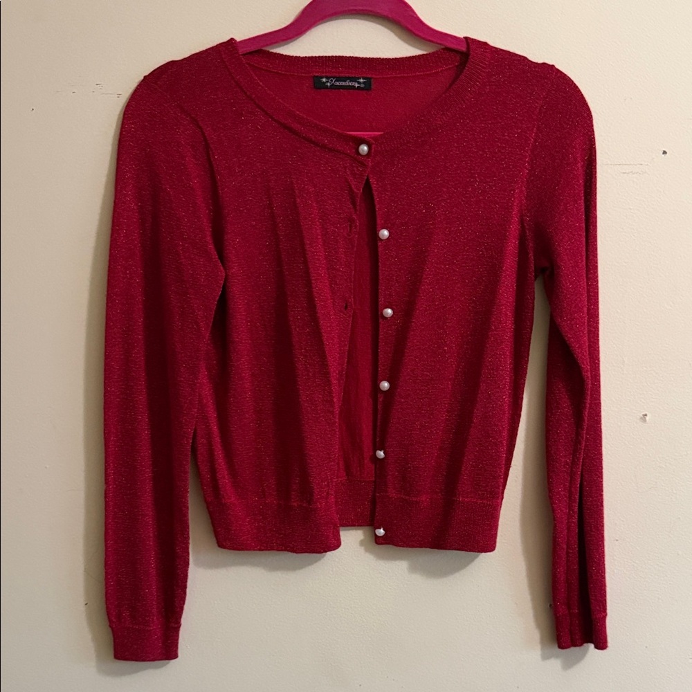 Xtraordinary Red Metallic Pearl-Button Cardigan